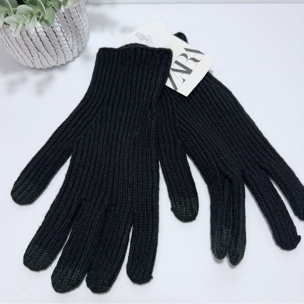 NWT Zara Man Ribbed‎ Black Knit Gloves Size Large Minimalist Warm Winter